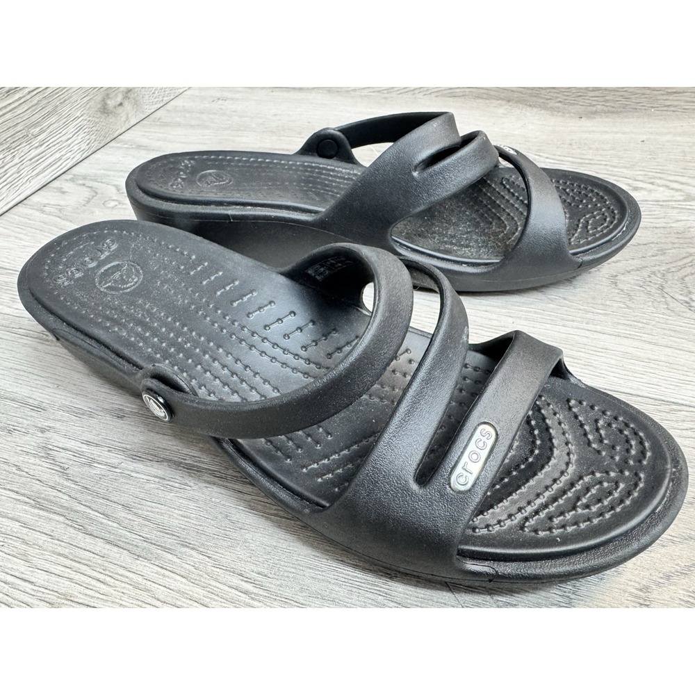 Crocs Patricia Black Wedge Slide Strappy Sandals Womens Sz 7 Casual Lounge NWT